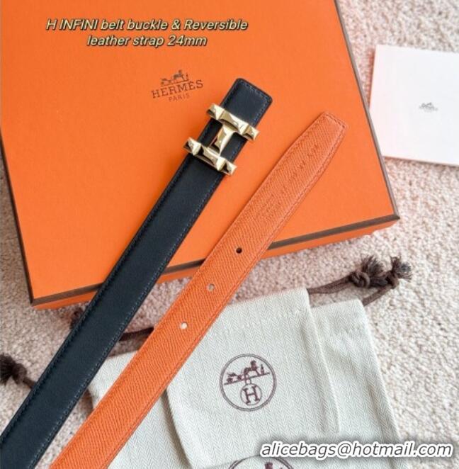 Best Price Hermes Women's Fibbia da Cintura H Infini Reversible Leather Belt 2.4cm 0617 Orange/Gold 2025