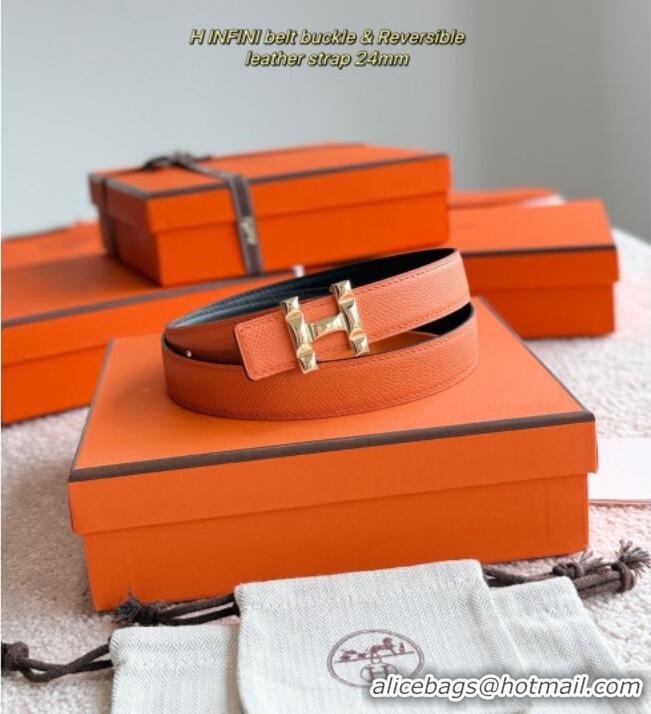 Best Price Hermes Women's Fibbia da Cintura H Infini Reversible Leather Belt 2.4cm 0617 Orange/Gold 2025
