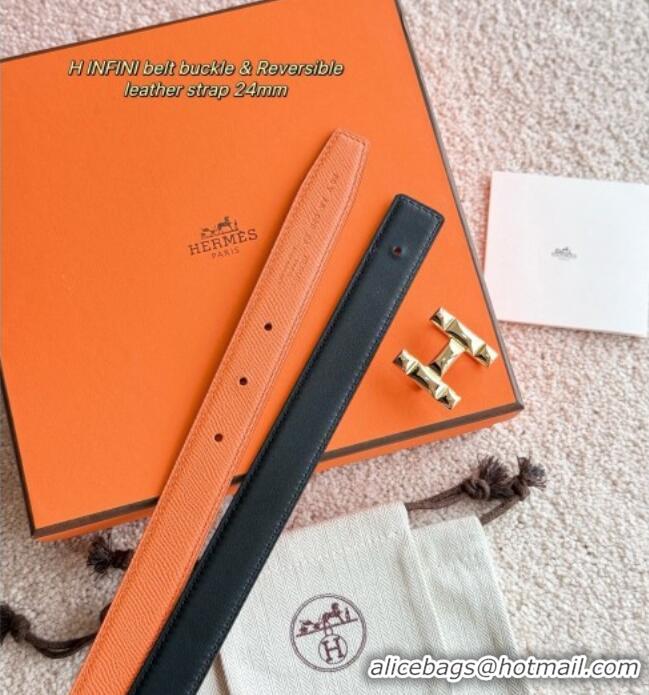 Best Price Hermes Women's Fibbia da Cintura H Infini Reversible Leather Belt 2.4cm 0617 Orange/Gold 2025
