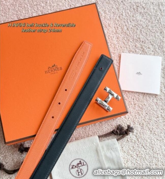 Famous Brand Hermes Women's Fibbia da Cintura H Infini Reversible Leather Belt 2.4cm 0617 Orange/Silver 2025
