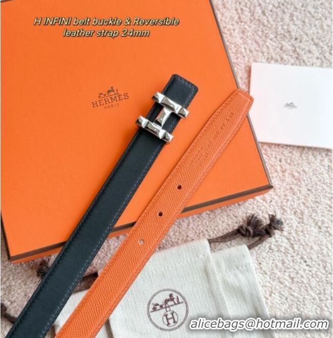 Famous Brand Hermes Women's Fibbia da Cintura H Infini Reversible Leather Belt 2.4cm 0617 Orange/Silver 2025