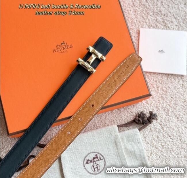 New Fashion Hermes Women's Fibbia da Cintura H Infini Reversible Leather Belt 2.4cm 0617 Brown/Gold 2025
