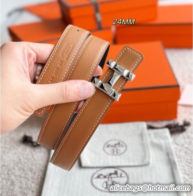 Best Quality Hermes Women's Fibbia da Cintura H Infini Reversible Leather Belt 2.4cm 0617 Brown/Silver 2025
