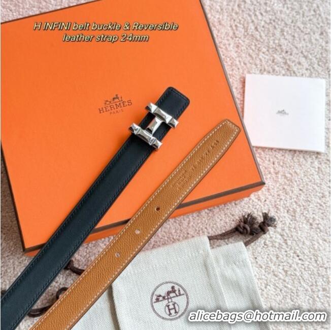 Best Quality Hermes Women's Fibbia da Cintura H Infini Reversible Leather Belt 2.4cm 0617 Brown/Silver 2025
