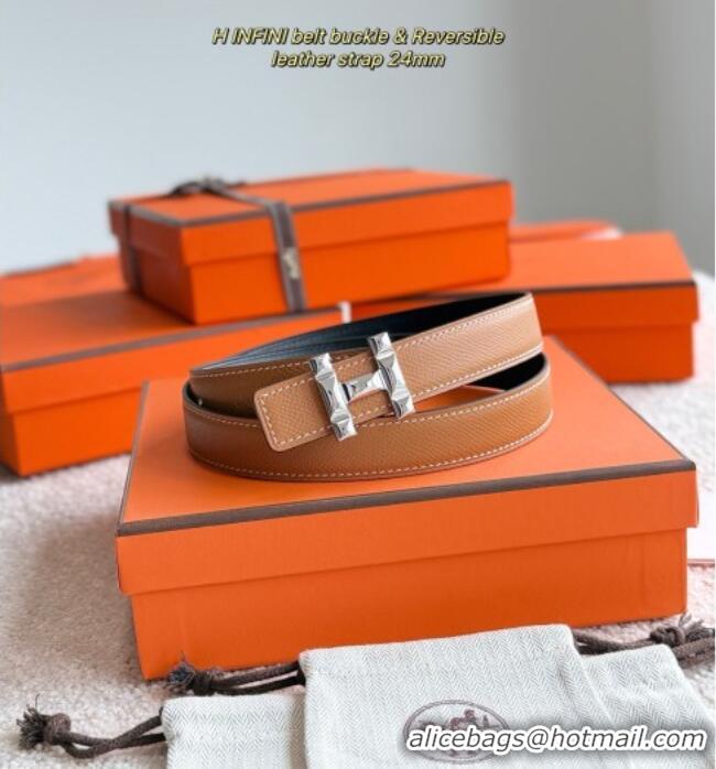 Best Quality Hermes Women's Fibbia da Cintura H Infini Reversible Leather Belt 2.4cm 0617 Brown/Silver 2025