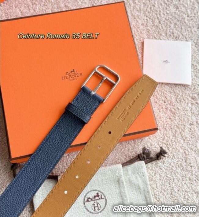 Super Quality Hermes Ceinture Romain Belt 3.5cm in Grianed Leather 0617 Navy Blue 2025