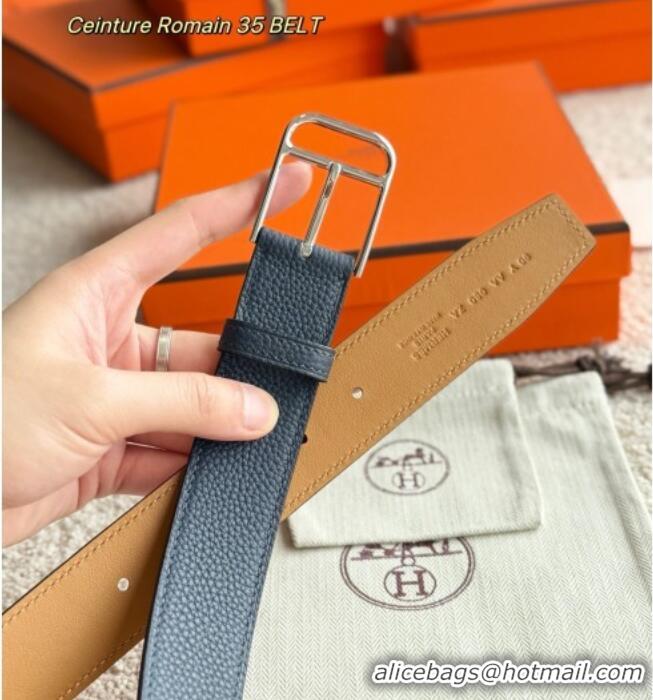Super Quality Hermes Ceinture Romain Belt 3.5cm in Grianed Leather 0617 Navy Blue 2025