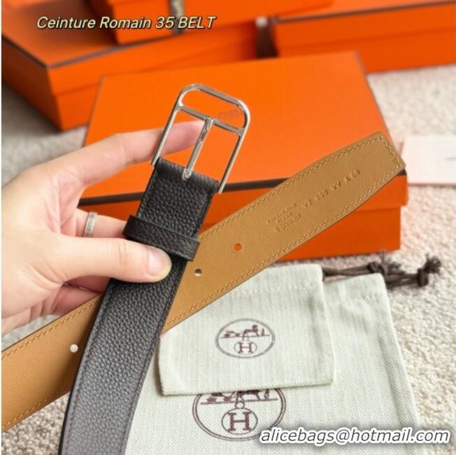 New Design Hermes Ceinture Romain Belt 3.5cm in Grained Leather 0617 Chocolate 2025