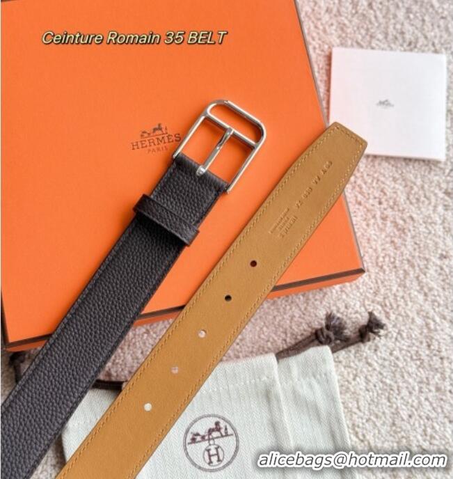 New Design Hermes Ceinture Romain Belt 3.5cm in Grained Leather 0617 Chocolate 2025