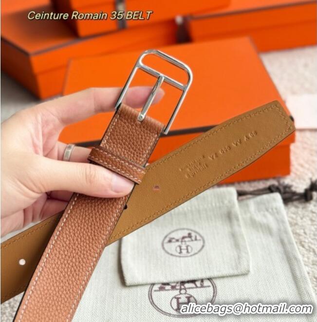 Super Quality Hermes Ceinture Romain Belt 3.5cm in Grained Leather 0617 Brown 2025