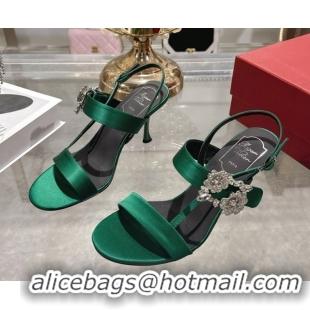 Top Grade Roger Vivier Strass Flower Heel Sandals 7.5cm in Satin 0225034 Green 2026