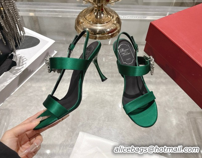 Top Grade Roger Vivier Strass Flower Heel Sandals 7.5cm in Satin 0225034 Green 2026