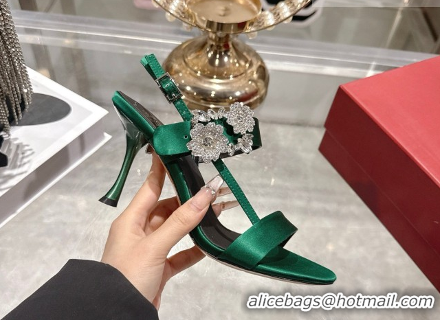 Top Grade Roger Vivier Strass Flower Heel Sandals 7.5cm in Satin 0225034 Green 2026