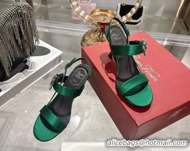 Top Grade Roger Vivier Strass Flower Heel Sandals 7.5cm in Satin 0225034 Green 2026