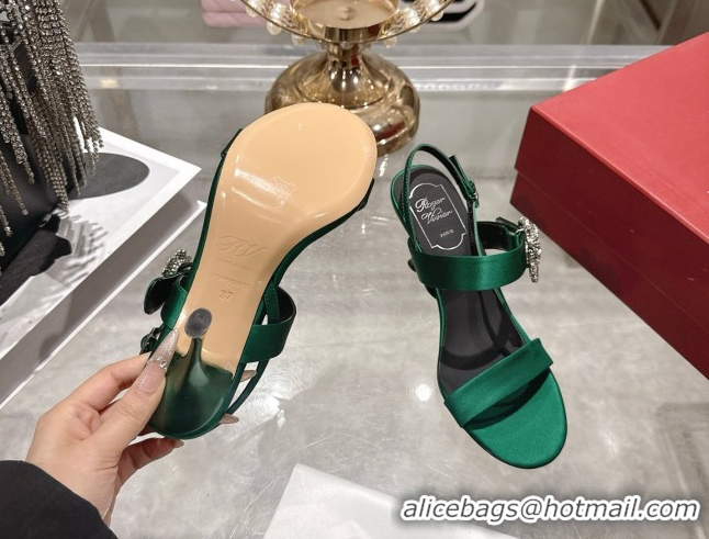 Top Grade Roger Vivier Strass Flower Heel Sandals 7.5cm in Satin 0225034 Green 2026