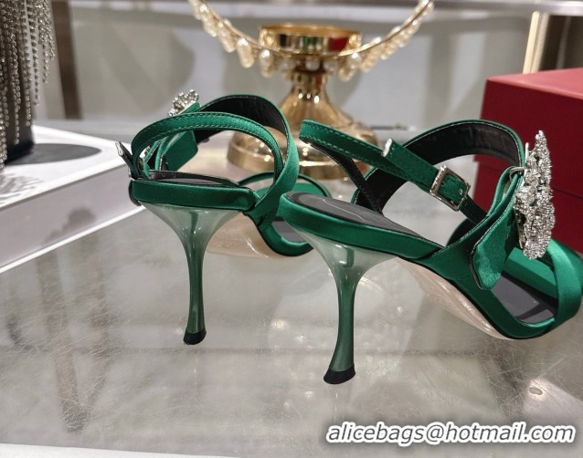 Top Grade Roger Vivier Strass Flower Heel Sandals 7.5cm in Satin 0225034 Green 2026