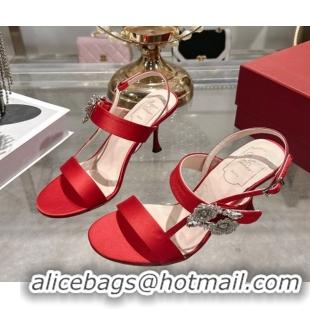 Sumptuous Roger Vivier Strass Flower Heel Sandals 7.5cm in Satin 0225034 Red 2026 