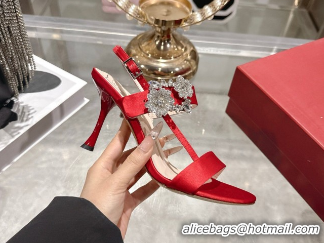 Sumptuous Roger Vivier Strass Flower Heel Sandals 7.5cm in Satin 0225034 Red 2026 