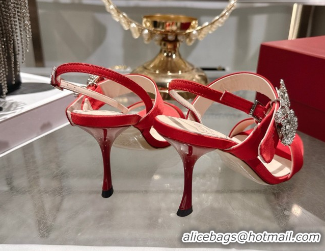 Sumptuous Roger Vivier Strass Flower Heel Sandals 7.5cm in Satin 0225034 Red 2026 