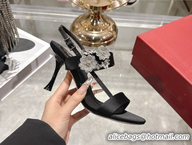 Perfect Roger Vivier Strass Flower Heel Sandals 7.5cm in Satin 0225034 Black 2026