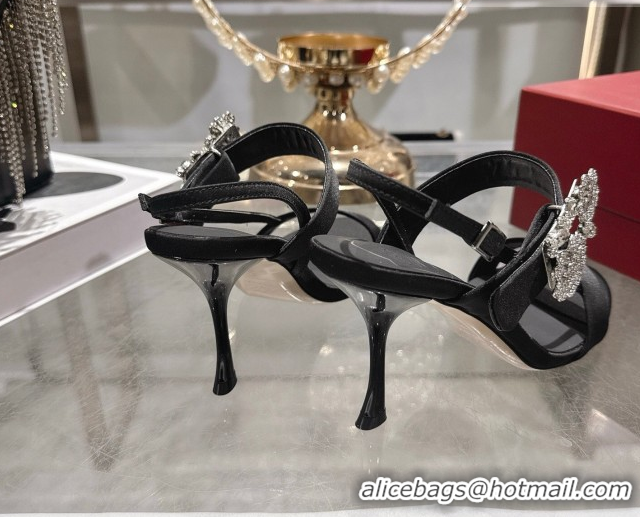 Perfect Roger Vivier Strass Flower Heel Sandals 7.5cm in Satin 0225034 Black 2026