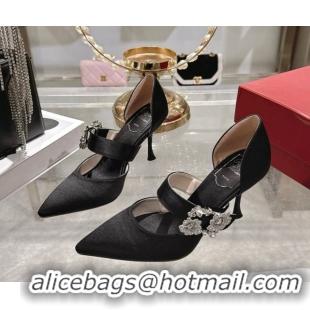 Luxurious Roger Vivier Bouquet Strass Flower Pumps 8.5cm in Satin 0225034 Black 2026