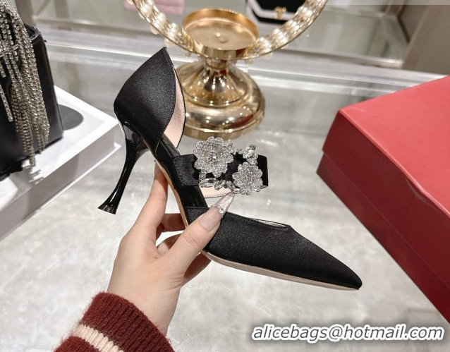 Luxurious Roger Vivier Bouquet Strass Flower Pumps 8.5cm in Satin 0225034 Black 2026
