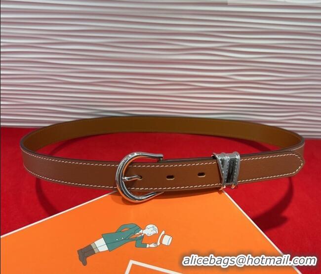 Good Quality Hermes Ecuyere Leather Belt 2.4cm 0617 Brown/Silver 2025