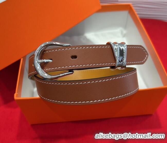 Good Quality Hermes Ecuyere Leather Belt 2.4cm 0617 Brown/Silver 2025