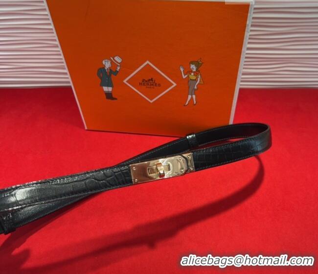 Famous Brand Hermes Kelly Duo Belt 1.8cm in Crocodile Embossed Calfskin H2010025 Black/Yellow Gold 2025