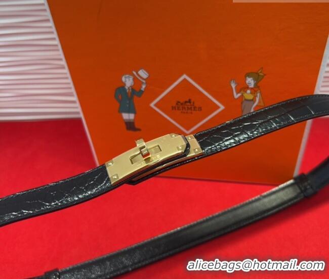 Famous Brand Hermes Kelly Duo Belt 1.8cm in Crocodile Embossed Calfskin H2010025 Black/Yellow Gold 2025