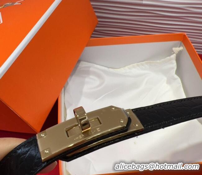 Famous Brand Hermes Kelly Duo Belt 1.8cm in Crocodile Embossed Calfskin H2010025 Black/Yellow Gold 2025