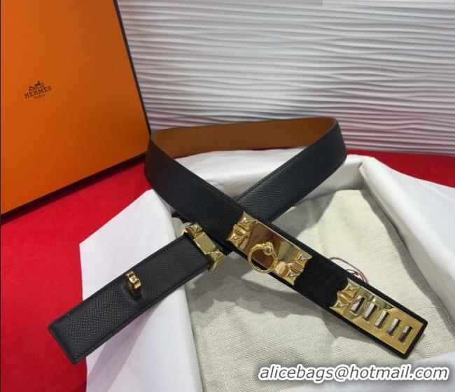 Discount Hermes Collier de Chien Belt 3.2cm with Medor Studs and Ring Buckle in Grained Calfskin H2018025 Black/Gold 202