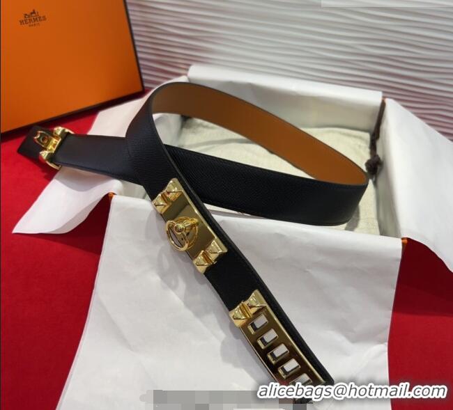 Discount Hermes Collier de Chien Belt 3.2cm with Medor Studs and Ring Buckle in Grained Calfskin H2018025 Black/Gold 202