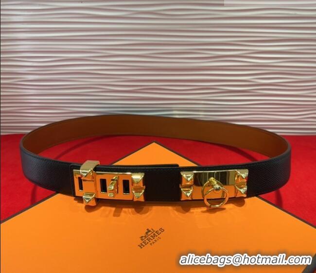 Discount Hermes Collier de Chien Belt 3.2cm with Medor Studs and Ring Buckle in Grained Calfskin H2018025 Black/Gold 202