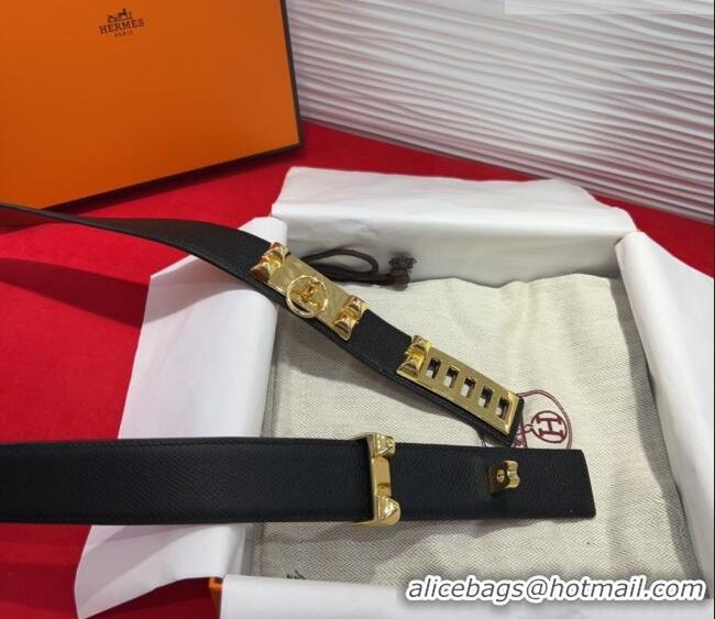 Discount Hermes Collier de Chien Belt 3.2cm with Medor Studs and Ring Buckle in Grained Calfskin H2018025 Black/Gold 202