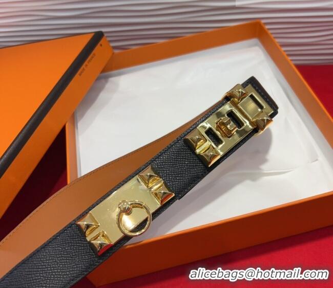 Discount Hermes Collier de Chien Belt 3.2cm with Medor Studs and Ring Buckle in Grained Calfskin H2018025 Black/Gold 202