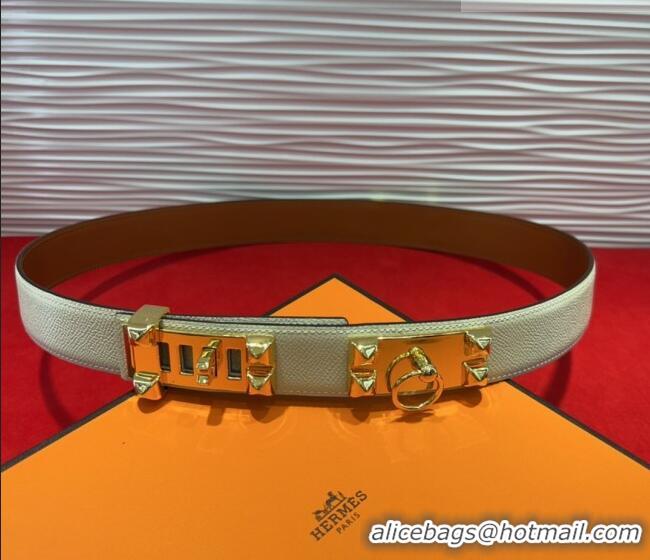 Buy Discount Hermes Collier de Chien Belt 3.2cm with Medor Studs and Ring Buckle in Grained Calfskin H2018025 White/Gold