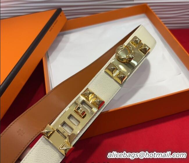 Buy Discount Hermes Collier de Chien Belt 3.2cm with Medor Studs and Ring Buckle in Grained Calfskin H2018025 White/Gold
