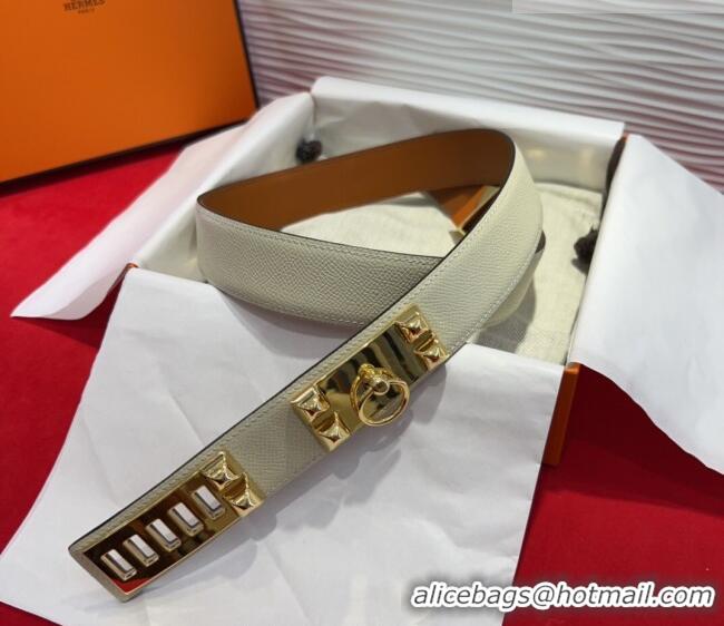 Buy Discount Hermes Collier de Chien Belt 3.2cm with Medor Studs and Ring Buckle in Grained Calfskin H2018025 White/Gold