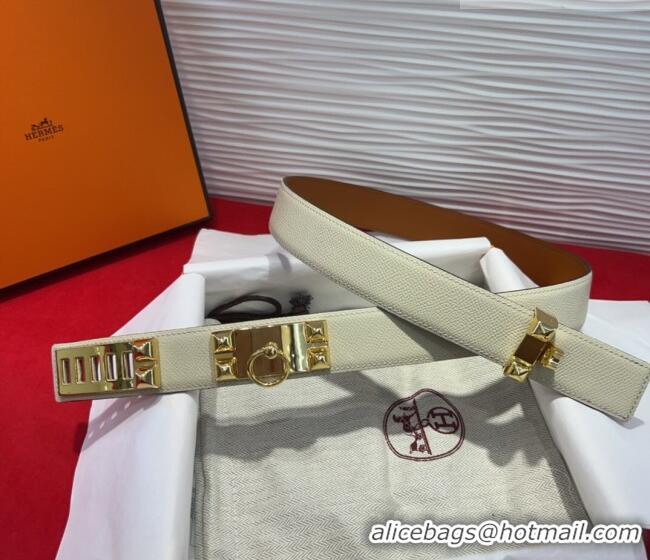 Buy Discount Hermes Collier de Chien Belt 3.2cm with Medor Studs and Ring Buckle in Grained Calfskin H2018025 White/Gold
