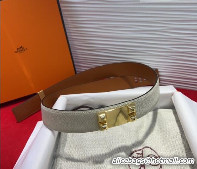 Buy Discount Hermes Collier de Chien Belt 3.2cm with Medor Studs and Ring Buckle in Grained Calfskin H2018025 White/Gold