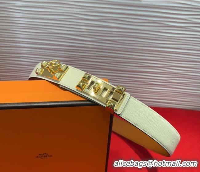 Buy Discount Hermes Collier de Chien Belt 3.2cm with Medor Studs and Ring Buckle in Grained Calfskin H2018025 White/Gold