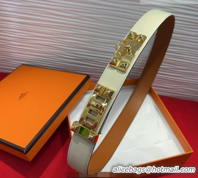 Buy Discount Hermes Collier de Chien Belt 3.2cm with Medor Studs and Ring Buckle in Grained Calfskin H2018025 White/Gold