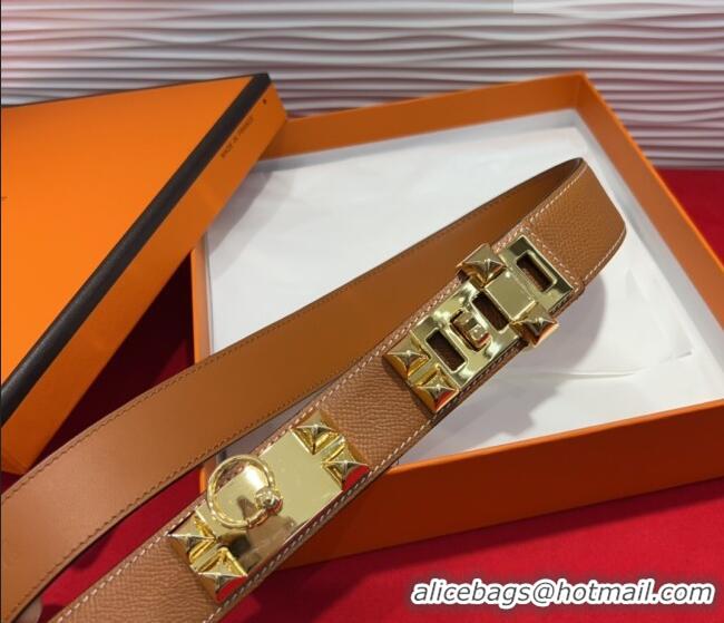 Discount Hermes Collier de Chien Belt 3.2cm with Medor Studs and Ring Buckle in Grained Calfskin H2018025 Brown/Gold 202