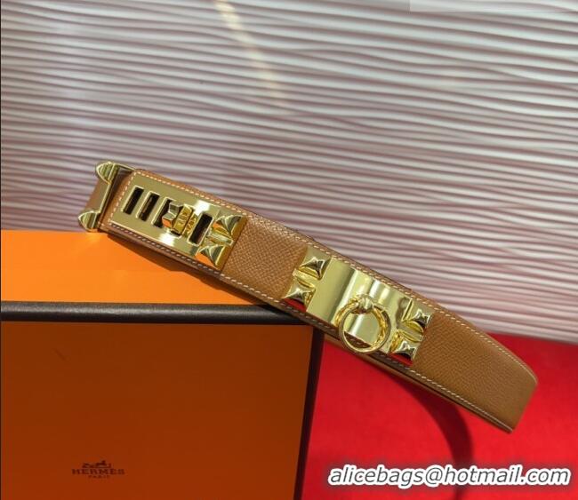 Discount Hermes Collier de Chien Belt 3.2cm with Medor Studs and Ring Buckle in Grained Calfskin H2018025 Brown/Gold 202