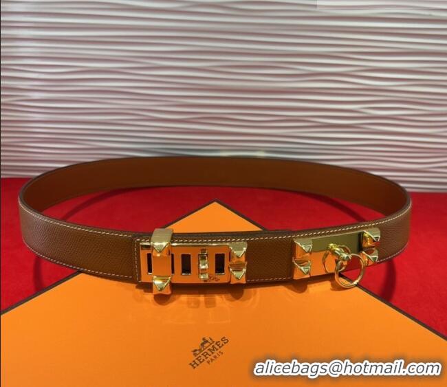 Discount Hermes Collier de Chien Belt 3.2cm with Medor Studs and Ring Buckle in Grained Calfskin H2018025 Brown/Gold 202
