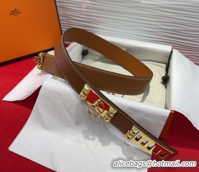 Discount Hermes Collier de Chien Belt 3.2cm with Medor Studs and Ring Buckle in Grained Calfskin H2018025 Brown/Gold 202