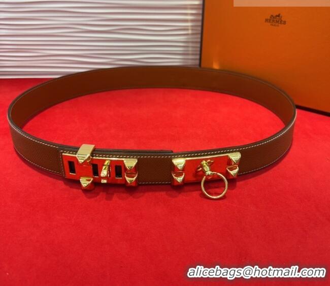 Discount Hermes Collier de Chien Belt 3.2cm with Medor Studs and Ring Buckle in Grained Calfskin H2018025 Brown/Gold 202