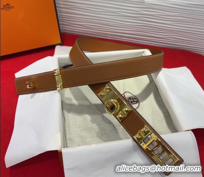 Discount Hermes Collier de Chien Belt 3.2cm with Medor Studs and Ring Buckle in Grained Calfskin H2018025 Brown/Gold 202